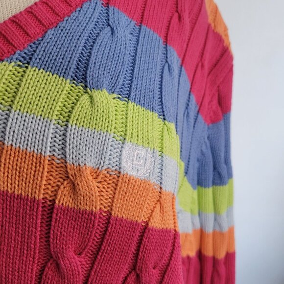 Chaps Cable Knit Striped Pastel Rainbow Cotton Sweater (Size: Large) - Picture 9 of 15